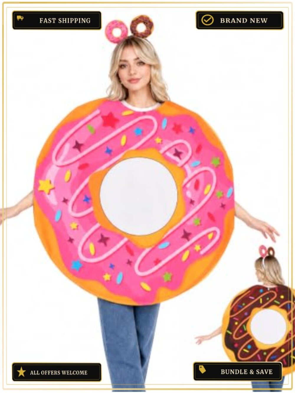 Reversible Donut Costume Adult Polyester Tunic & Headband Funny Food Halloween